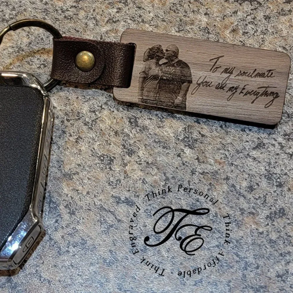 Personalized Photo and Handwriting Keychain - Antiqued Leather and Wood